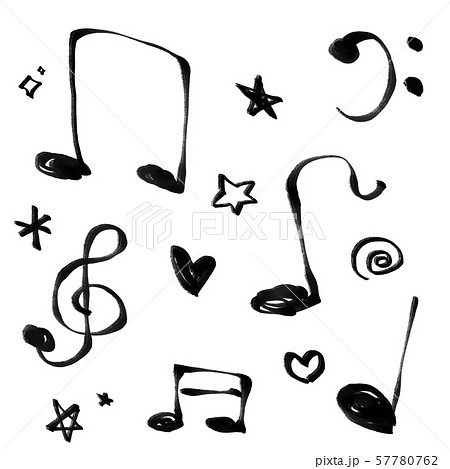 黒色の音符とト音記号とヘ音記号とハートと星の楽しい音楽セットのイラスト素材