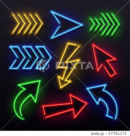 Realistic neon arrows. Night arrow sign lamp lights. Shining arrowhead signs and glowing directional 57781175