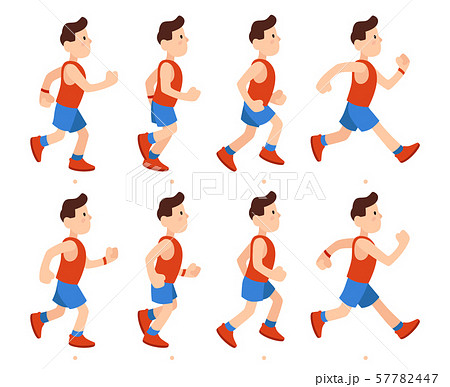 Flat running man. Athletic boy run animation frames sequence. Runner male in tracksuit, legs 57782447