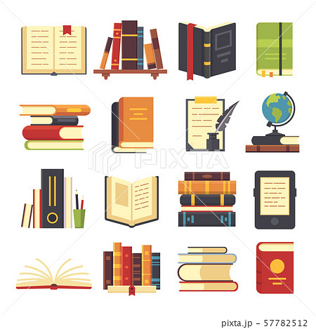 Flat books icons. Magazines with bookmark, history and open science book stack. Encyclopedia on Flat books icons. Magazines with bookmark, history and open science book stack. Encyclopedia on 57782512