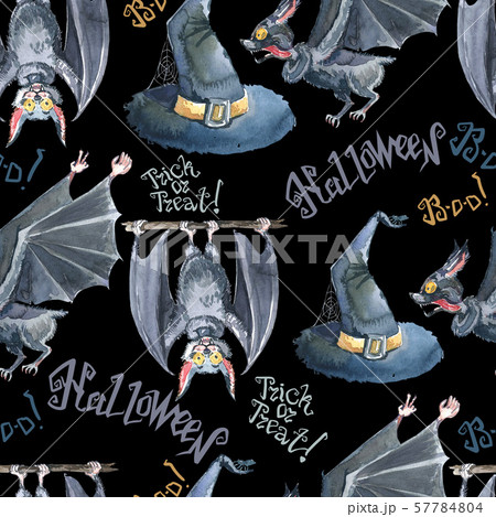 Halloween seamless pattern with halloween bat, lettering and witch hat . Cute naive watercolor Halloween seamless pattern with halloween bat, lettering and witch hat . Cute naive watercolor 57784804