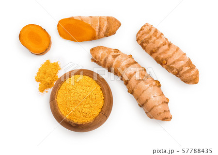 Turmeric powder and turmeric root isolated on white background. Top view. Flat lay 57788435