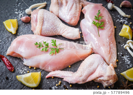 fresh raw chicken with mushroom lemon chilli herbs 57789496