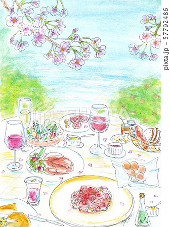 洋風お花見 4月のテーブルのイラスト素材