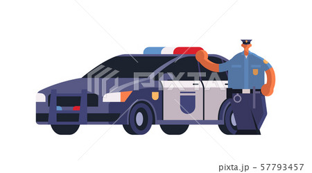 male police officer standing near patrol car policeman in uniform security authority justice law 57793457
