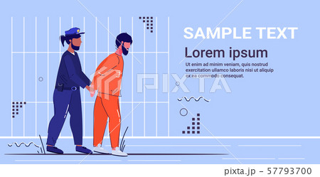 policeman in uniform holding handcuffed arrested prisoner in orange suit security authority justice 57793700