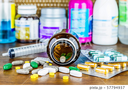 Drug prescription for treatment medication. Pharmaceutical medicament, cure in container for health. Pharmacy theme, capsule pills with medicine antibiotic in packages. 57794937