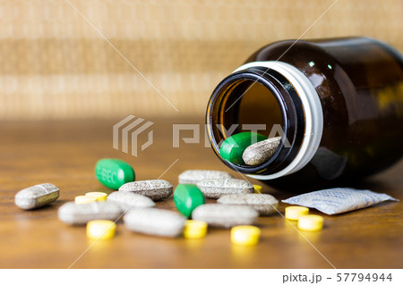 Drug prescription for treatment medication. Pharmaceutical medicament, cure in container for health. Pharmacy theme, capsule pills with medicine antibiotic in packages. Drug prescription for treatment medication. Pharmaceutical medicament, cure in container for health. Pharmacy theme, capsule pills with medicine antibiotic in packages. 57794944