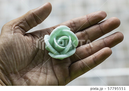 The hand holding the Thai dessert flower green or Aalaw candy. 57795551
