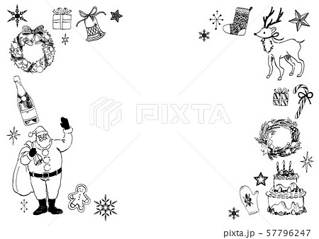 単色線画 手描き画 クリスマス モチーフ フレーム 横長のイラスト素材