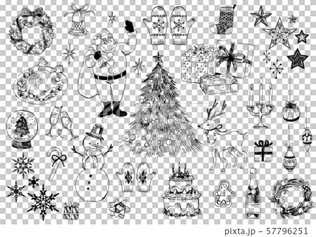 Monochromatic line drawing, hand drawn Christmas set Monochromatic line drawing, hand drawn Christmas set 57796251
