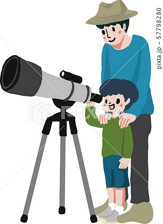 親子で天体観測するイラスト 背景なしのイラスト素材