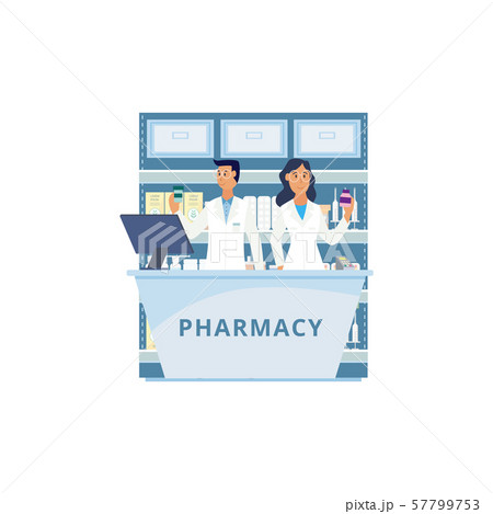 Isolated pharmacy counter with cartoon people in uniform holding pill bottles 57799753