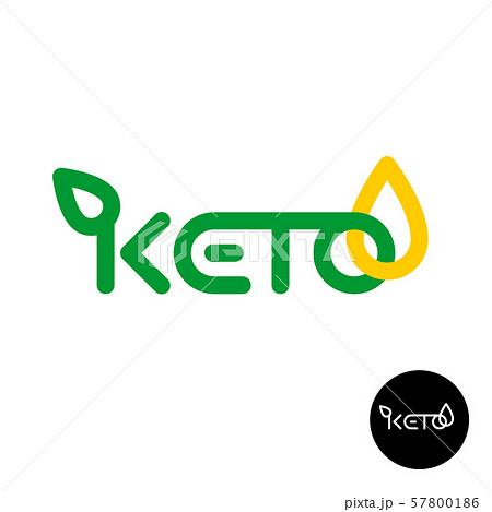 Keto logo. Ketogenic diet product symbol. Line style Keto word with green leaf and yellow oil fats. 57800186