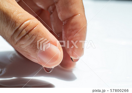Woman's wet left hand with water drops on thumb finger, index finger, White acrylic background, Close up & Macro shot, Selective focus, Asian Body skin part, Relaxing Bath, Healthcare concept Woman's wet left hand with water drops on thumb finger, index finger, White acrylic background, Close up & Macro shot, Selective focus, Asian Body skin part, Relaxing Bath, Healthcare concept 57800266