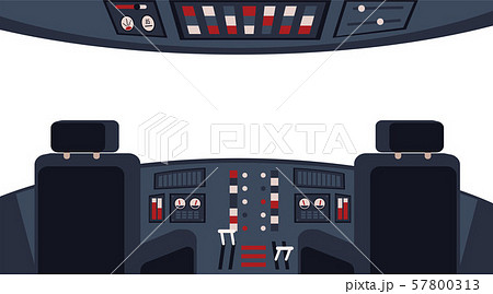 Pilots cockpit interior with dashboard and chairs flat vector illustration. 57800313