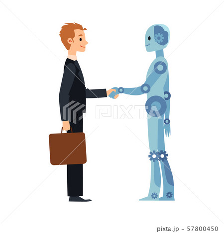 Cartoon robot and business man handshake - businessman and android shaking hands 57800450