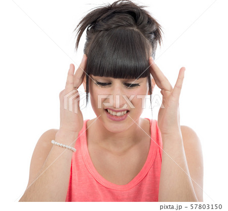 Young beautiful woman having headache migraine, on 57803150