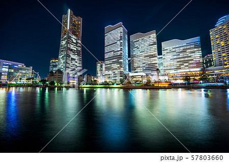 city skyline looking up night view in Yokohama city skyline looking up night view in Yokohama 57803660