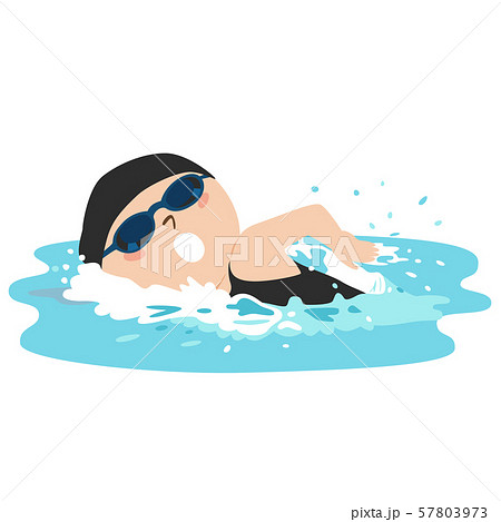 プールで泳いでいる女の子のイラスト 水しぶきを上げてクロール泳ぎを