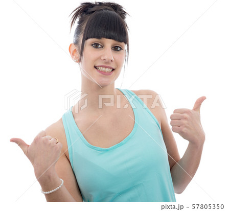 Portrait of a smiling young brunette woman on 57805350