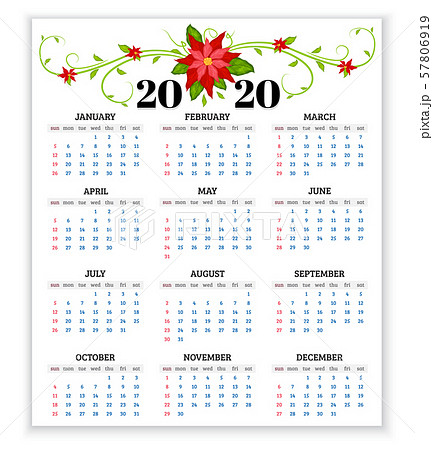 Vector calendar 2020 year with flowers of poinsettia. Week starts from sunday 57806919