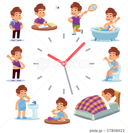 Daily routine clocks. Daily routine clocks. Schedule of happy boy life from morning breakfast at 57808022