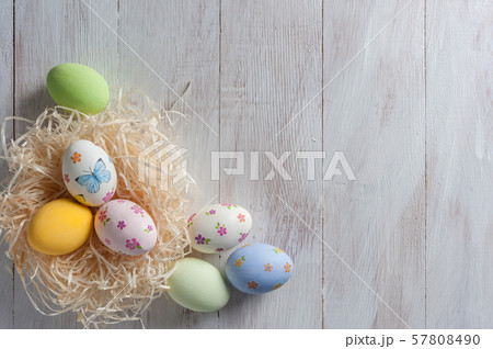 Easter painted eggs on wooden background 57808490