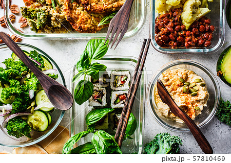 Healthy vegan food in glass containers. Flat lay Healthy vegan food in glass containers. Flat lay 57810469