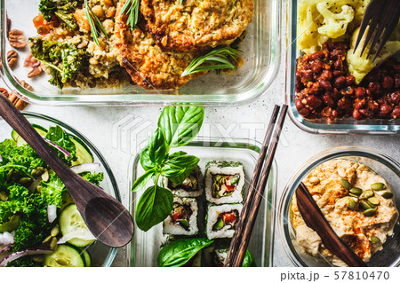 Healthy vegan food in glass containers. Flat lay 57810470