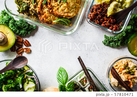 Healthy vegan food in glass containers. Flat lay Healthy vegan food in glass containers. Flat lay 57810471
