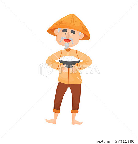 Elderly man is holding a gray bowl of rice. Vector illustration. 57811380
