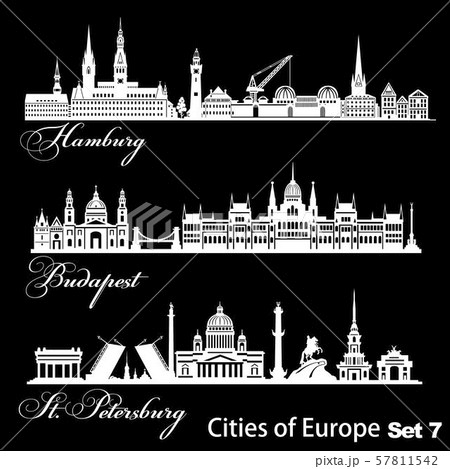 City in Europe - Saint Petersburg, Budapest, Hamburg. Detailed architecture. Trendy vector 57811542