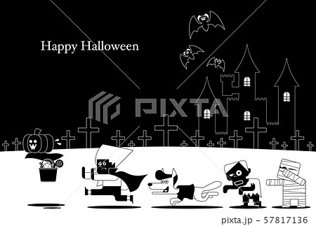 ハロウィンのキャラクターをモチーフにしたグリーティングカードにも使えるデザインのベクターイラスト05 57817136