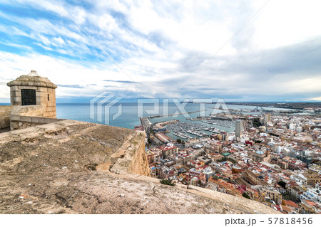 The landscape of the seaside resort city of Alicante from the walls of the Santa Bárbara Castle, Spain 57818456