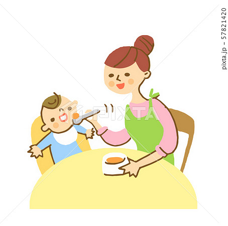 赤ちゃんに離乳食を食べさせるママのイラスト素材 5714