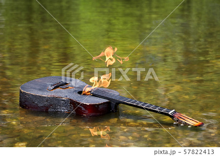A burning guitar lies in the water. 57822413