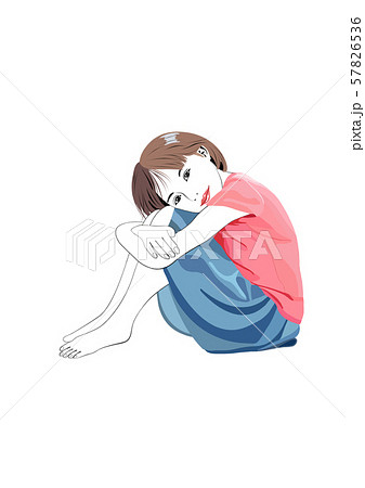 膝を抱えて座る女の子のイラスト素材