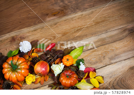 Fall pumpkin, cones, apple and flowers wreath 57828974