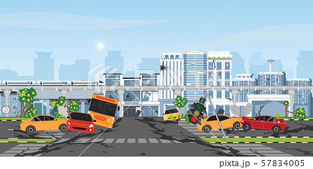 The earthquake destroyed building and street. The earthquake destroyed building and street. 57834005