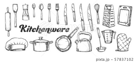 Kitchenware Utensils Collection Ink Set Vector Kitchenware Utensils Collection Ink Set Vector 57837102