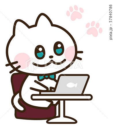 パソコンを使う可愛い白猫のイラスト素材
