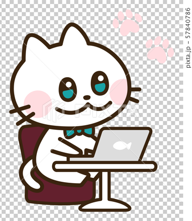 パソコンを使う可愛い白猫のイラスト素材
