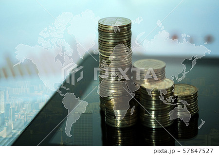 Step of coins stacks and tablet computer with Step of coins stacks and tablet computer with 57847527