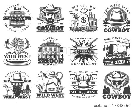 Western saloon, cowboy, wild west isolated icons Western saloon, cowboy, wild west isolated icons 57848560