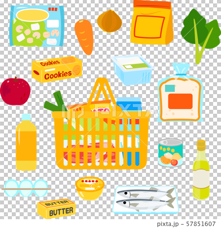 いろいろな食料品と買い物かご のイラスト素材