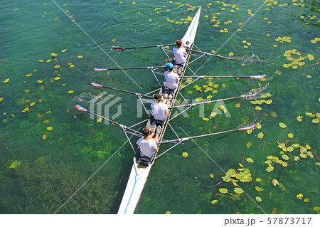 Men's quadruple rowing team on green water Men's quadruple rowing team on green water 57873717