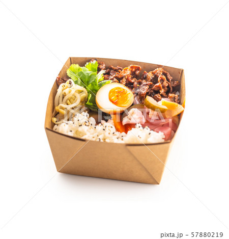 Japanese asian meal in a box of recycled paper Japanese asian meal in a box of recycled paper 57880219
