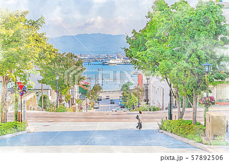 北海道の夏 函館元町の坂のある風景 [八幡坂]のイラスト素材