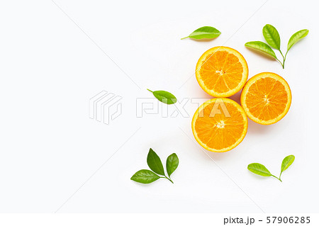 Fresh orange citrus fruit with leaves isolated  57906285